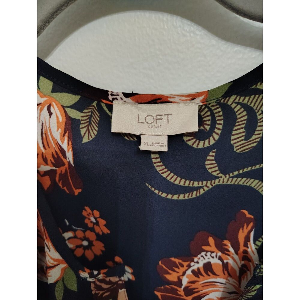 LOFT XL Black Blue Floral Ruffle Blouse Long Bell Sleeve Boho Cottagecore - Picture 6 of 7